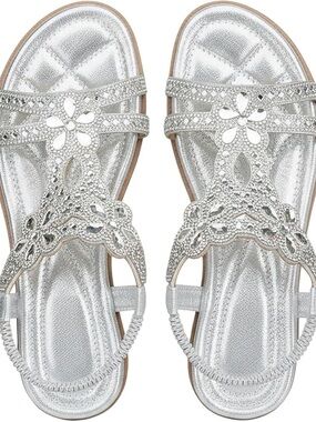 NEW Silver Rhinestone Boho Sandals EU 41 | Women’s US 9.5-10 |  Flat Sandal